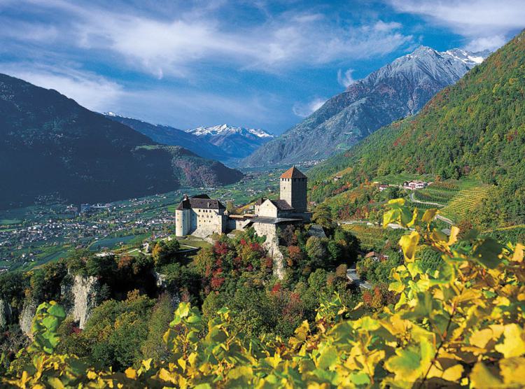 Castel Tirolo sulla Val d'Adige con vigneti e panorama alpino – Simbolo vicino a Scena, Alto Adige Castel Tirolo sulla Val d'Adige con vigneti e panorama alpino – Simbolo vicino a Scena, Alto Adige